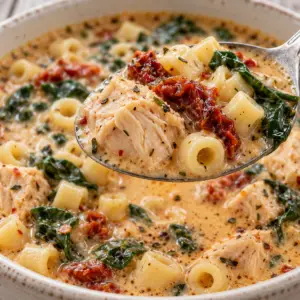 marry me chicken soup- Marry Me Chicken Soup Silver spoon holding cubed chicken, ditalini pasta, sun-dried tomato, and spinach coated in creamy marry me chicken soup broth.