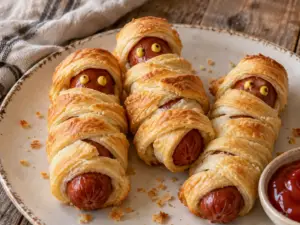 Three mummy hot dogs wrapped in golden crescent dough with mustard eyes on a ceramic plate beside ketchup.