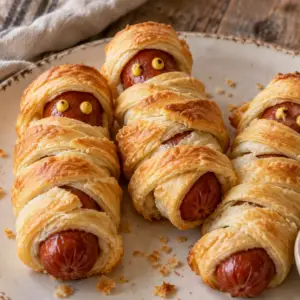 mummy hot dogs with crescent rolls- Mummy Hot Dogs with Crescent Rolls Three mummy hot dogs wrapped in golden crescent dough with mustard eyes on a ceramic plate beside ketchup.