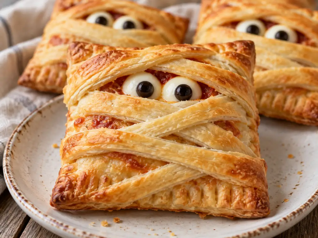 Golden mummy pizza pockets with crescent dough bandages and mozzarella and black olive eyes.
