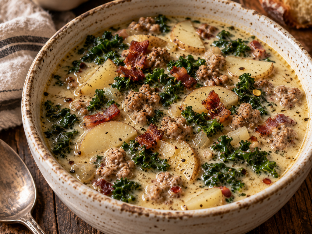 Copycat Olive Garden Zuppa Toscana soup with Italian sausage, sliced potatoes, crispy bacon, and kale in a creamy broth.