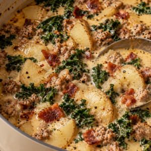 Olive Garden Zuppa Toscana- Olive Garden Zuppa Toscana Soup (Copycat) Homemade Zuppa Toscana soup in a cream-colored Caraway Dutch oven with Italian sausage, potatoes, kale, and bacon.