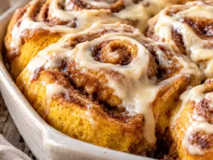 Homemade pumpkin cinnamon rolls with gooey cinnamon brown sugar swirls and cream cheese frosting in a ceramic baking dish.