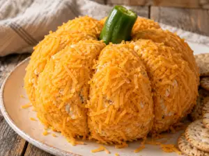 Pumpkin-shaped cheese ball coated in shredded orange cheddar with a green bell pepper stem, served on a ceramic plate with crackers.