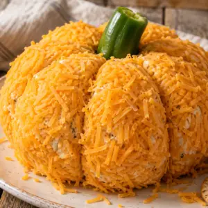 pumpkin-shaped cheese ball- Pumpkin-Shaped Cheese Ball Pumpkin-shaped cheese ball coated in shredded orange cheddar with a green bell pepper stem, served on a ceramic plate with crackers.
