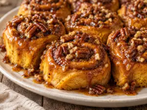 Pumpkin sticky buns arranged on an off-white serving platter with maple brown sugar topping and chopped pecans.
