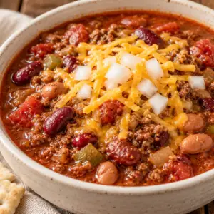 copycat Wendy's chili- Copycat Wendy’s Chili Recipe Homemade copycat Wendy’s chili in a rustic ceramic bowl with ground beef, kidney beans, pinto beans, shredded cheddar cheese, and diced onions.
